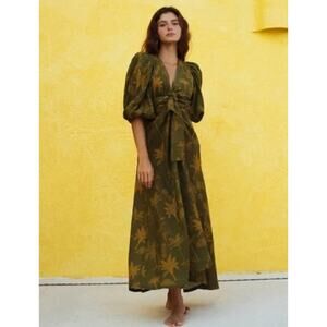 JUAN DE DIOS Sz M/L Ermita Wrap Around Midi Dress Green Palms Linen